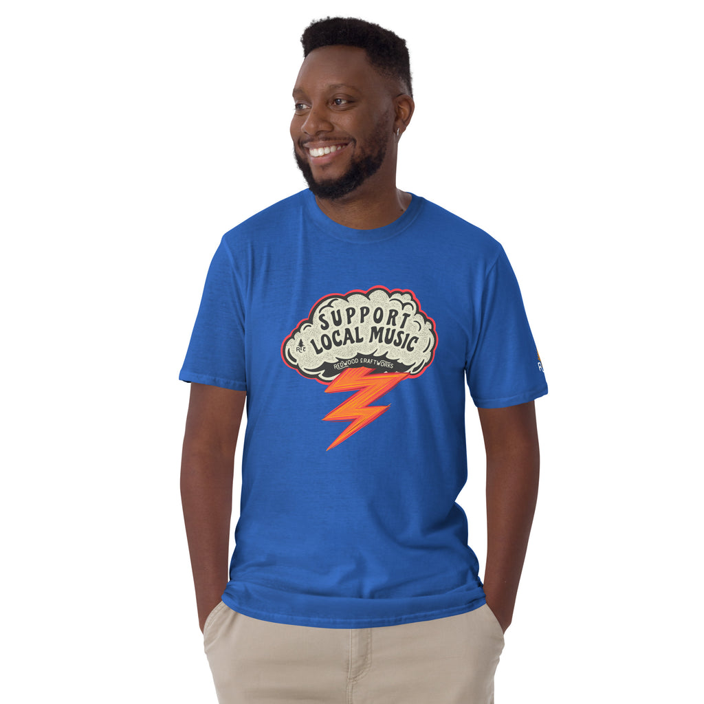 Product mockup of Support Local Music | Guitar Wing Tee in Royal Blue