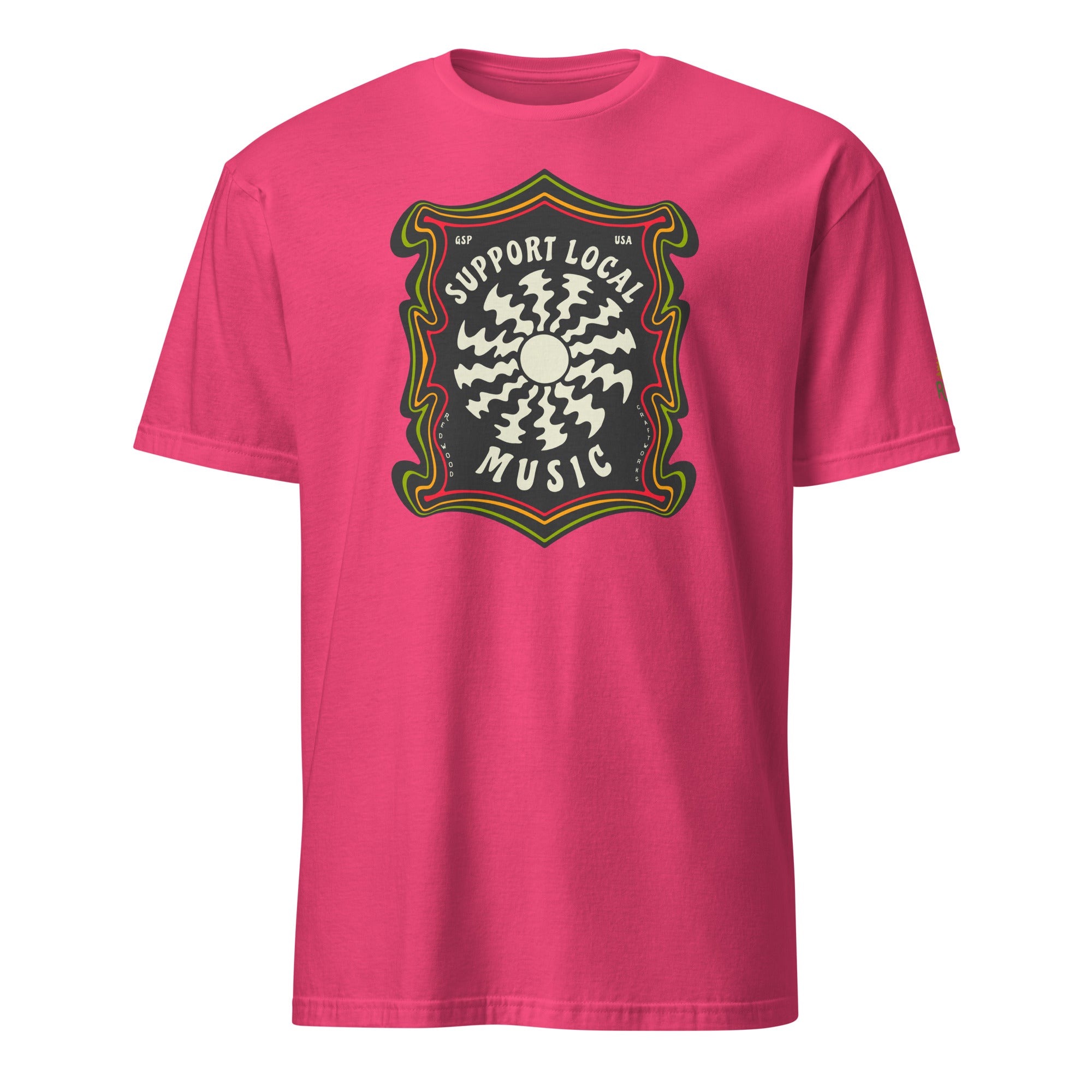 Product mockup of Support Local Music | Groovy Record Tee in Heliconia