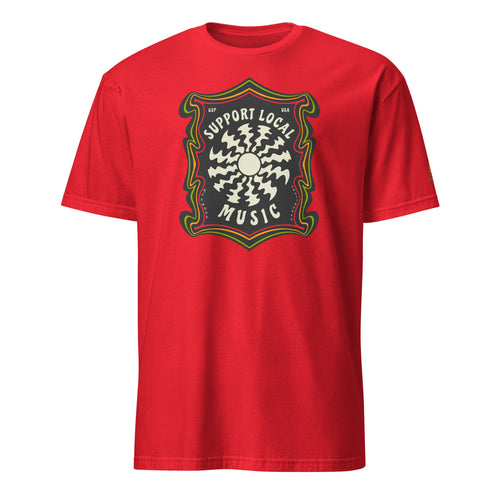 Product mockup of Support Local Music | Groovy Record Tee in Red