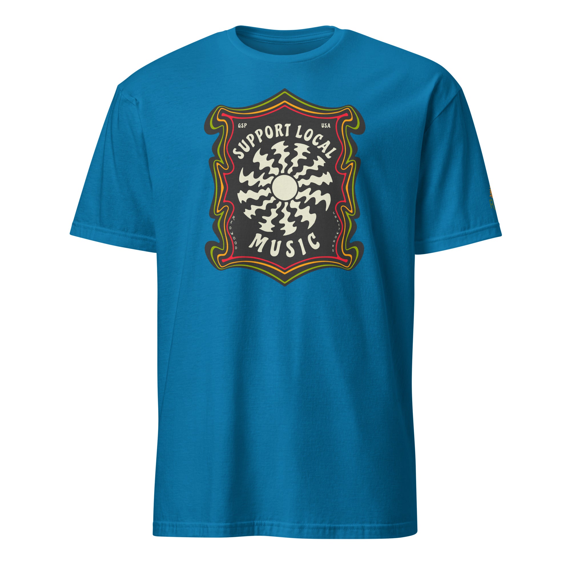 Product mockup of Support Local Music | Groovy Record Tee in Sapphire