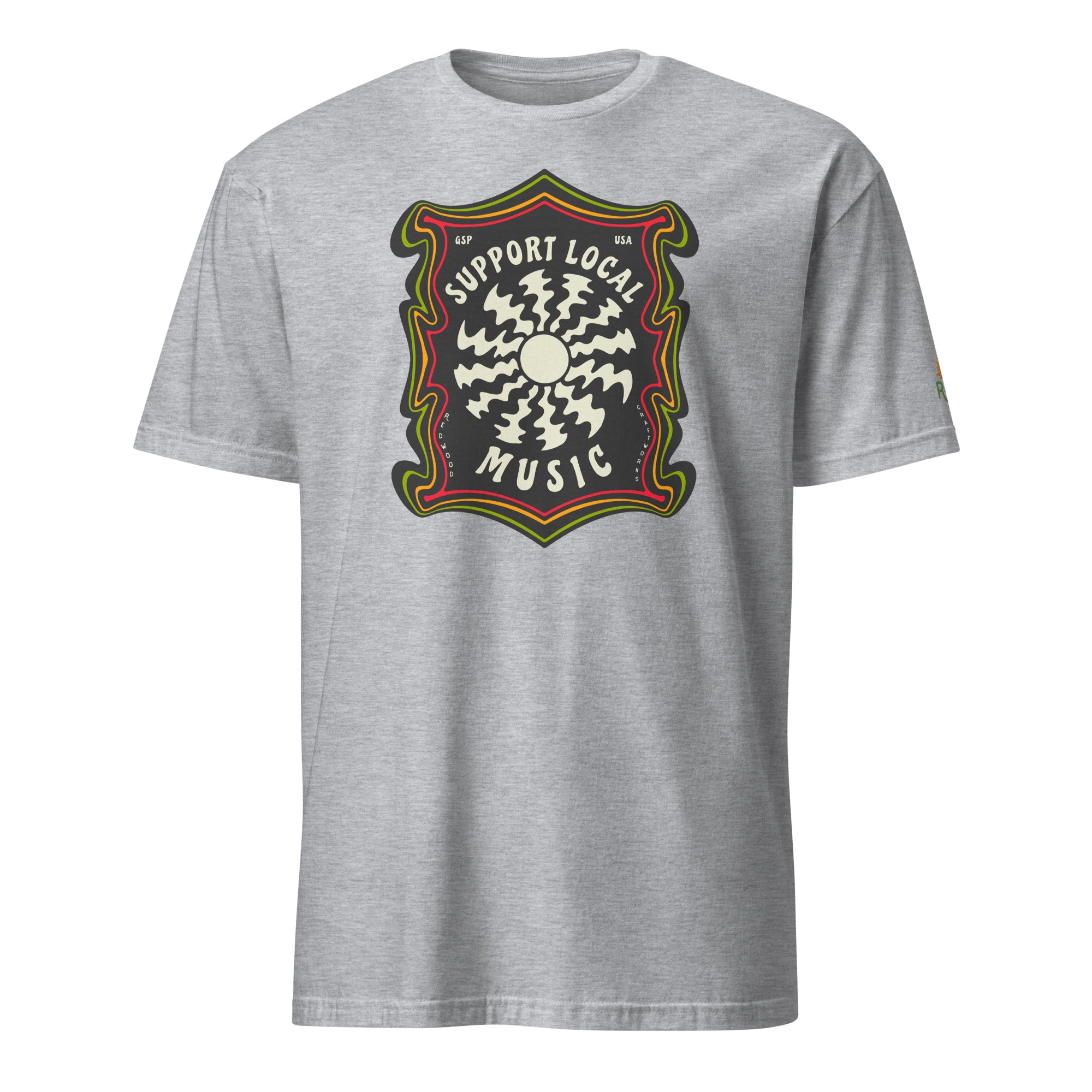 Product mockup of Support Local Music | Groovy Record Tee in Sport Grey