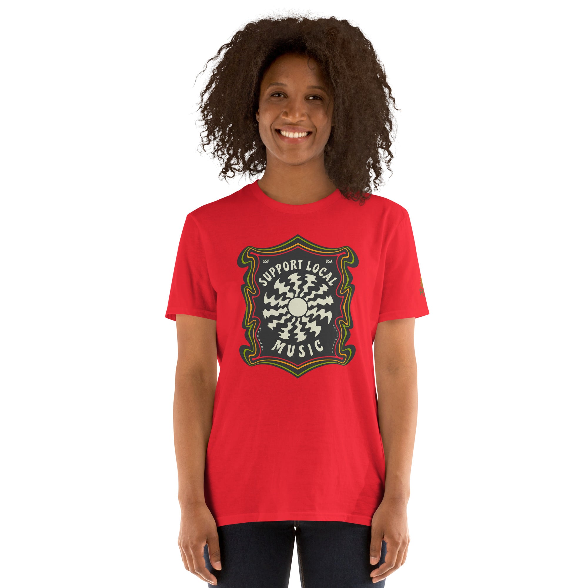 Product mockup of a woman wearing Support Local Music | Groovy Record Tee in Red