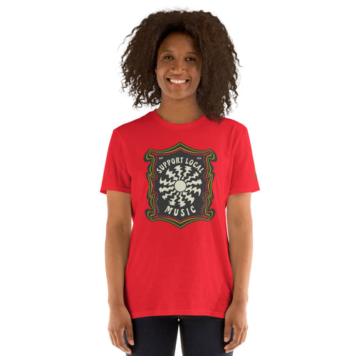 Product mockup of a woman wearing Support Local Music | Groovy Record Tee in Red