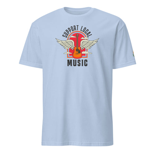 Product mockup of Support Local Music | Guitar Wing Tee in Light Blue