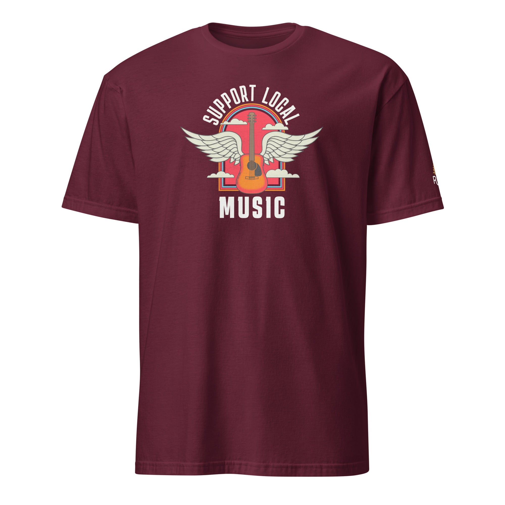 Product mockup of Support Local Music | Guitar Wing Tee in Maroon
