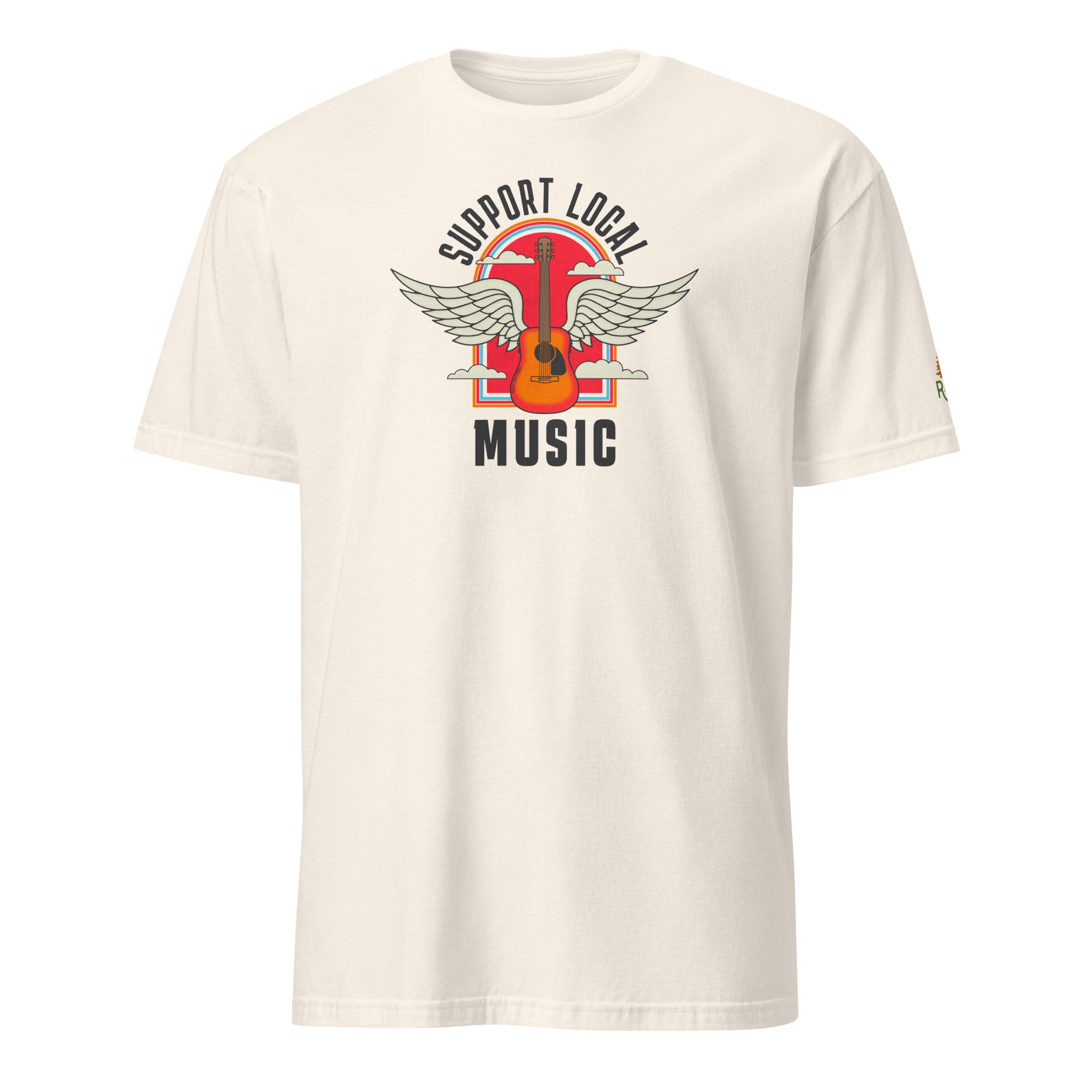 Product mockup of Support Local Music | Guitar Wing Tee in Natural