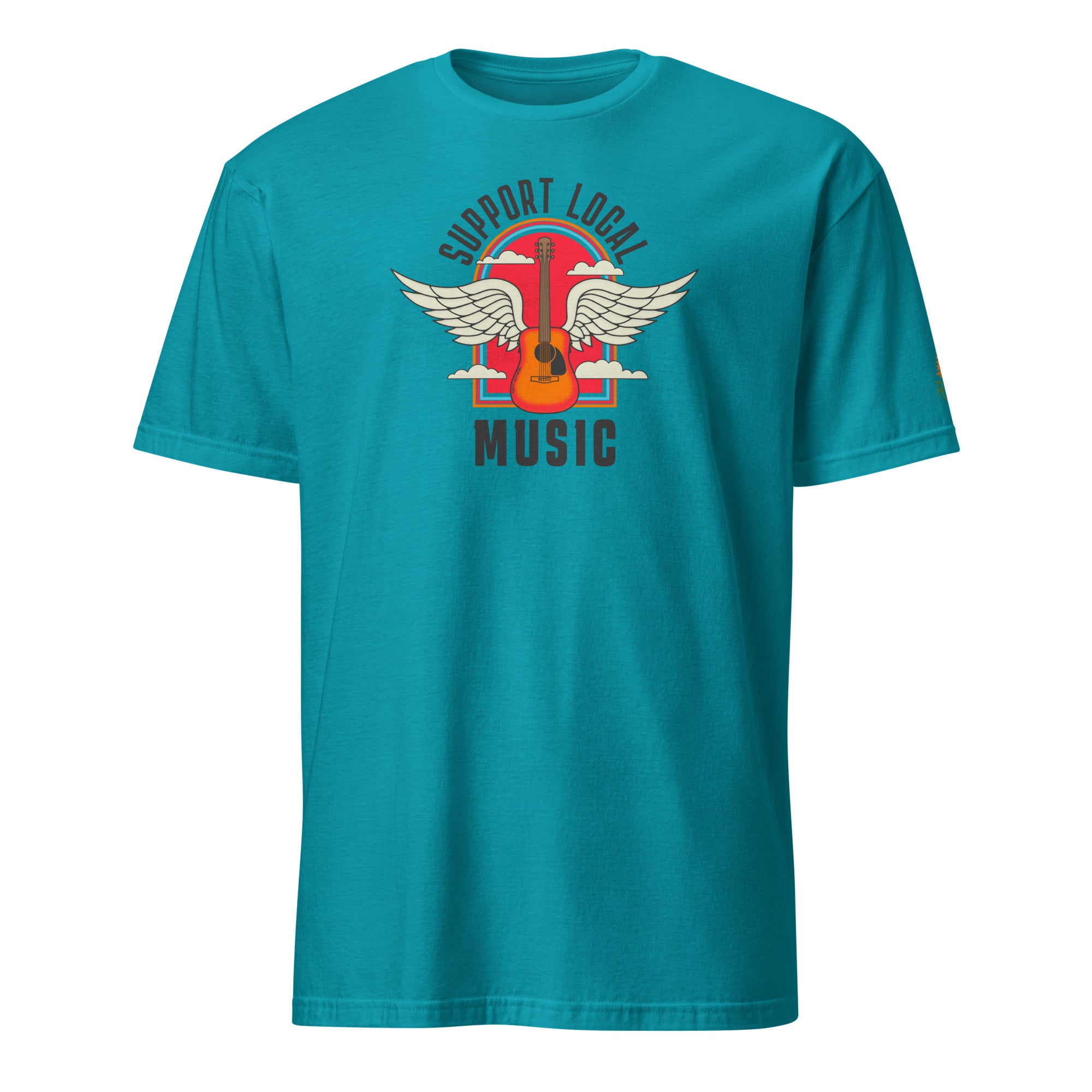 Product mockup of Support Local Music | Guitar Wing Tee in Sapphire