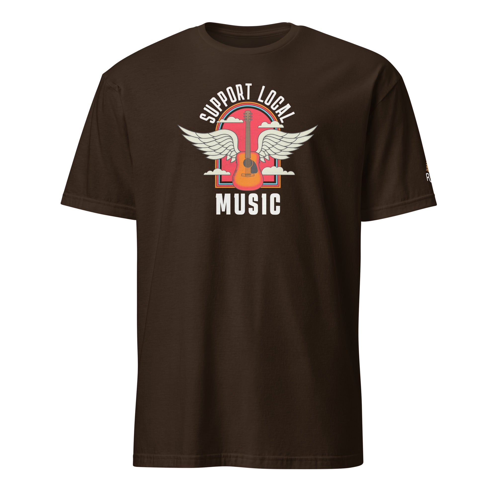Product mockup of Support Local Music | Guitar Wing Tee in Dark Chocolate