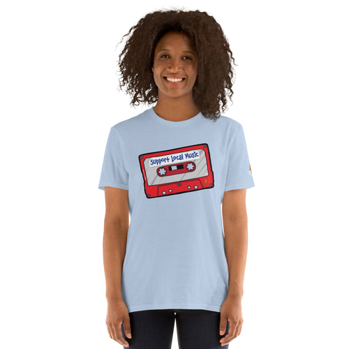 Product mockup of woman wearing Support Local Music | Mix Tape Tee in Light Blue
