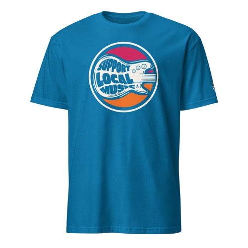 Product mockup of Soda Guitar Tee in Sapphire
