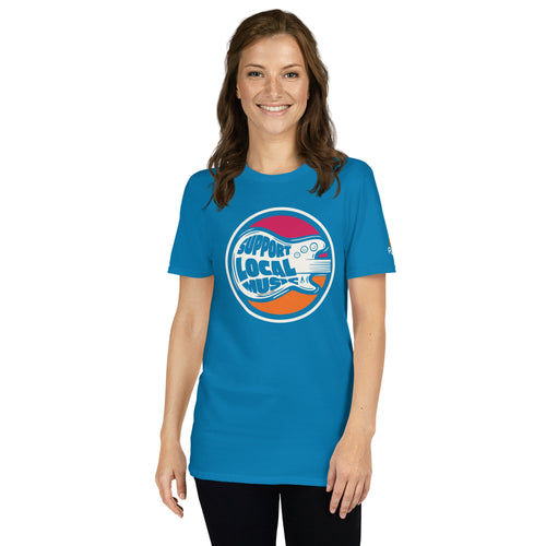 Product mockup of woman wearing Soda Guitar Tee in Sapphire
