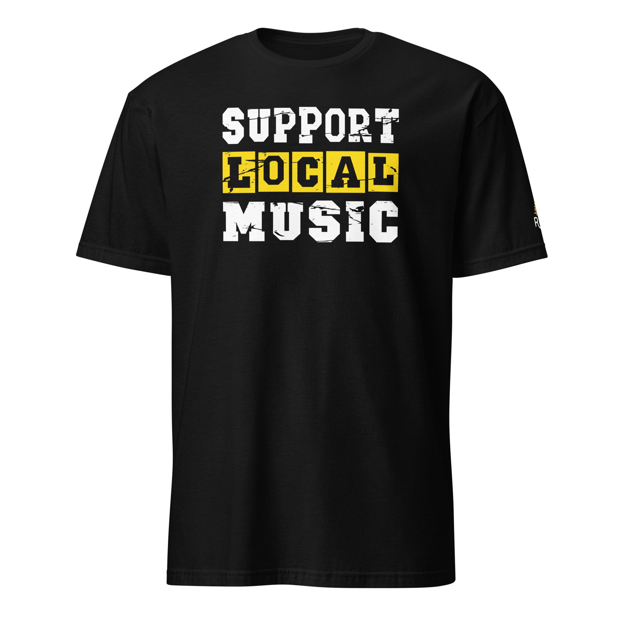 Product mockup of Support Local Music | Vintage Stencil Tee in Black