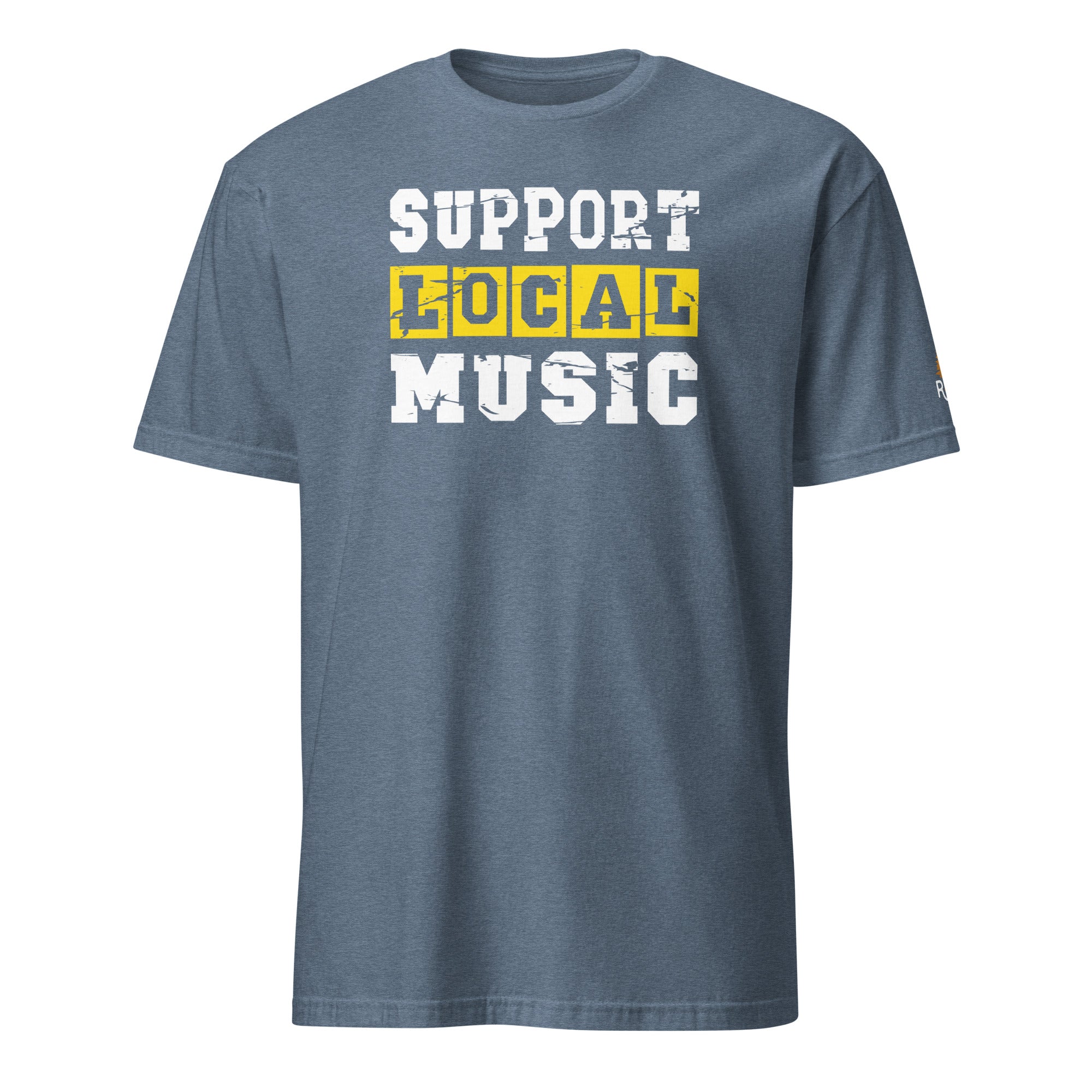 Product mockup of Support Local Music | Vintage Stencil Tee in Heather Indigo