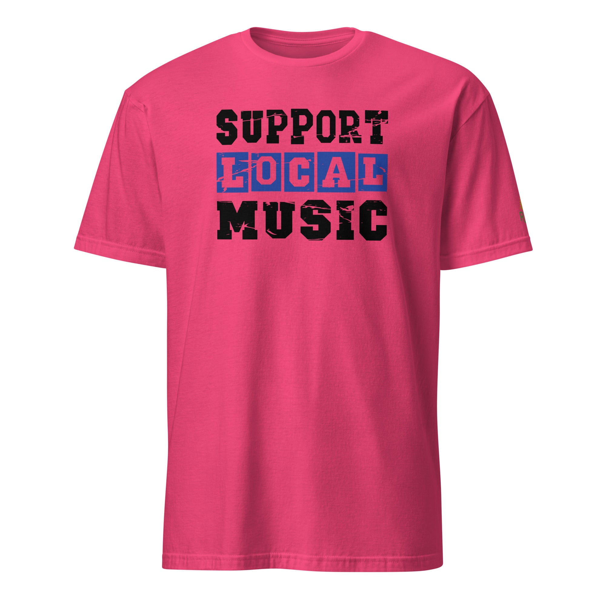 Product mockup of Support Local Music | Vintage Stencil Tee in Heliconia