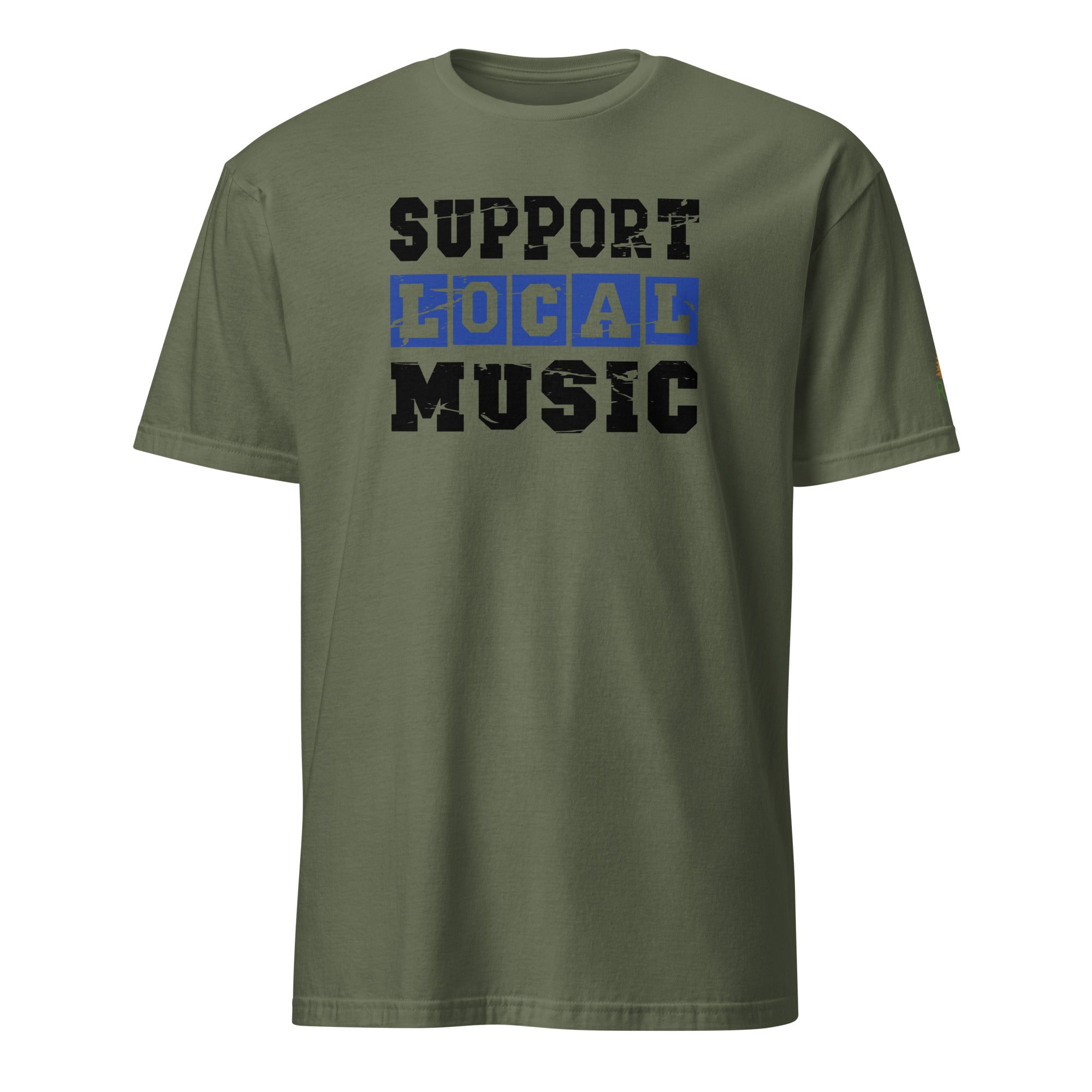 Product mockup of Support Local Music | Vintage Stencil Tee in Military Green