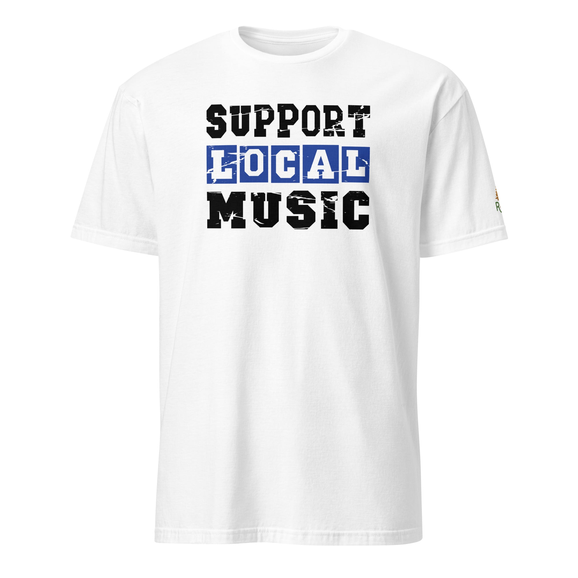 Product mockup of Support Local Music | Vintage Stencil Tee in White