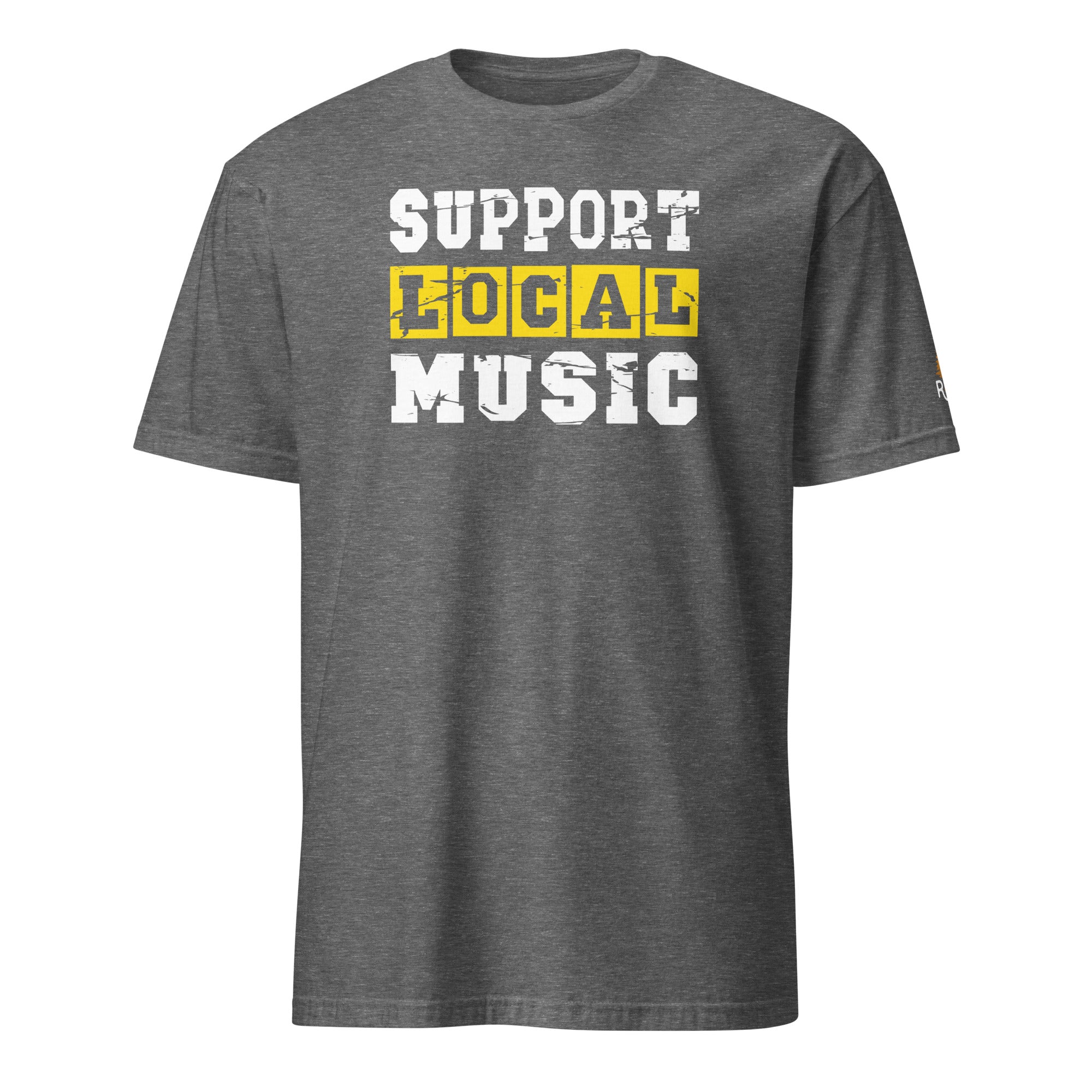 Product mockup of Support Local Music | Vintage Stencil Tee in Graphite Heather